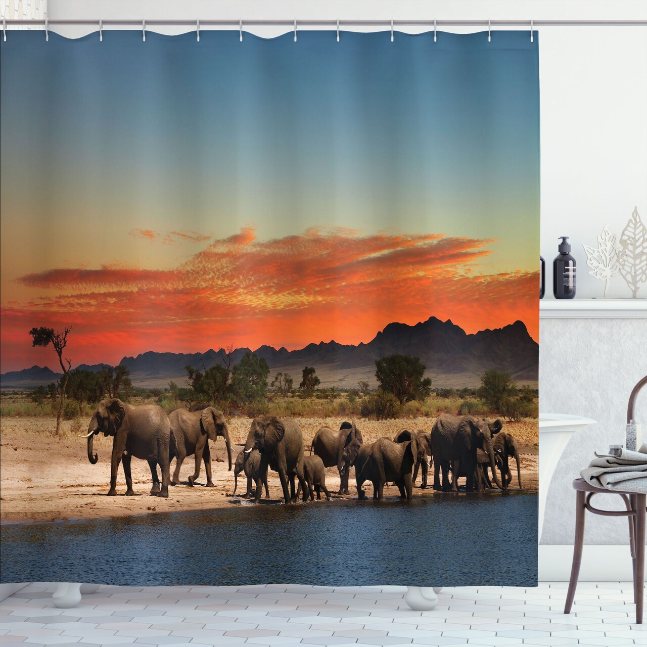 Ambesonne Savannah Shower Curtain, Animal Herd Watering in Wilderness at Sunset Africa Image Print, Cloth Fabric Bathroom Decor Set with Hooks, 69" W x 70" L, Pale Blue Orange Brown